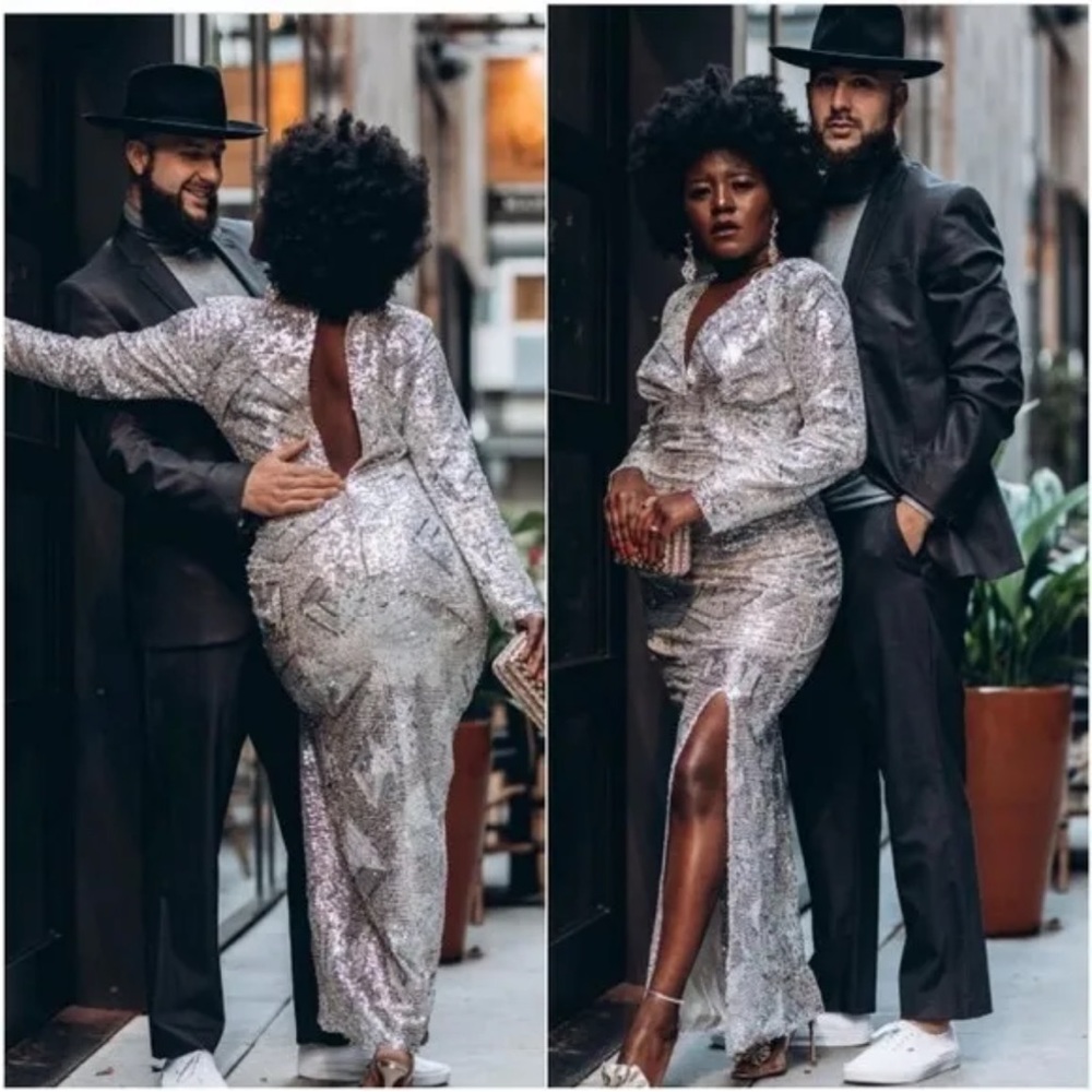 ZARA LONG SILVER SEQUINNED DRESS Slit V-NECK Party Cocktail